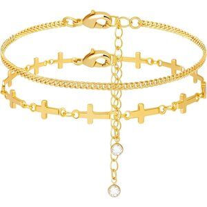 Gold-Style 14 Dainty Stack Cuban Cross, Rope Bracelets Jewelry Gifts for Women